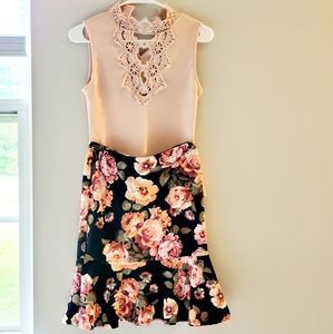 Floral Skirt and Pink Body Suit